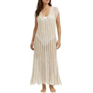 Floris Knit Italian Made Metallic Striped Maxi Cover-Up Dress Beige Gold S/M